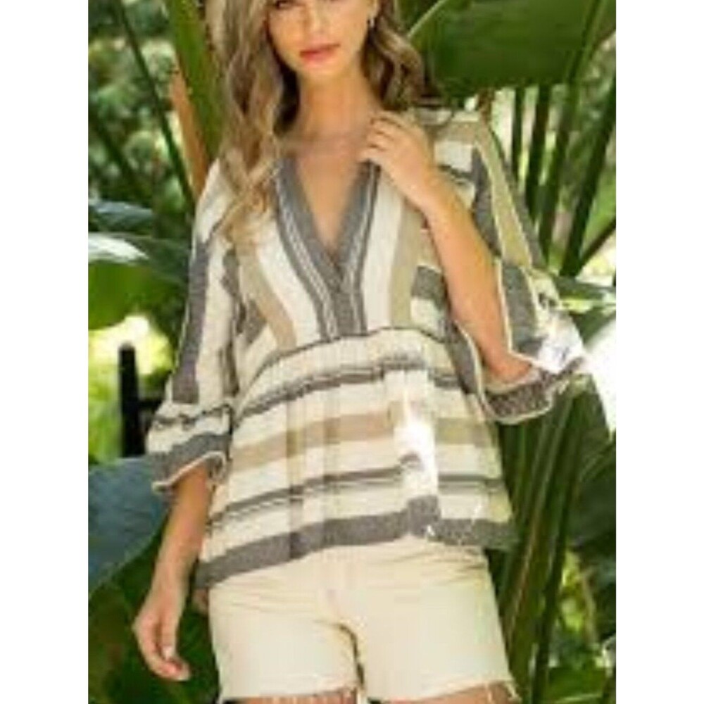 THML Babydoll Andrea Wide Sleeve Striped Flounce Top Size Small Boho Peplum